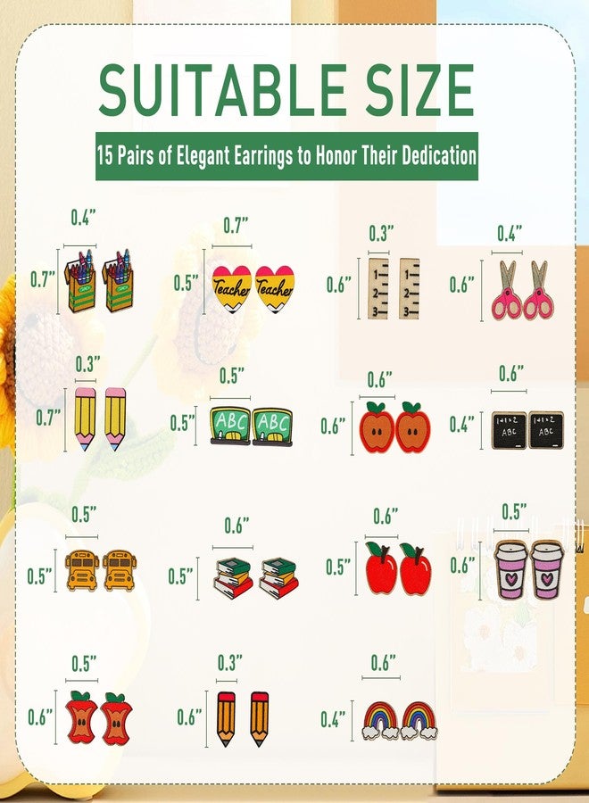 SANDOO 15 Pairs Back to School Earrings for Teachers - Wooden Cute Pencil Crayon Ruler Apple Book Earrings, Bulk Teacher Jewelry for Women, Teacher Appreciation Gift - Image 2